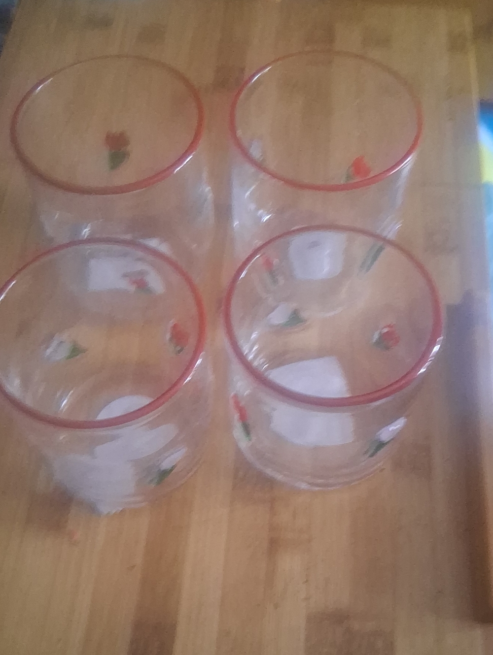 Madison Home Clear Glass Tumblers with Red Rim and Floral Accent - Set of 4